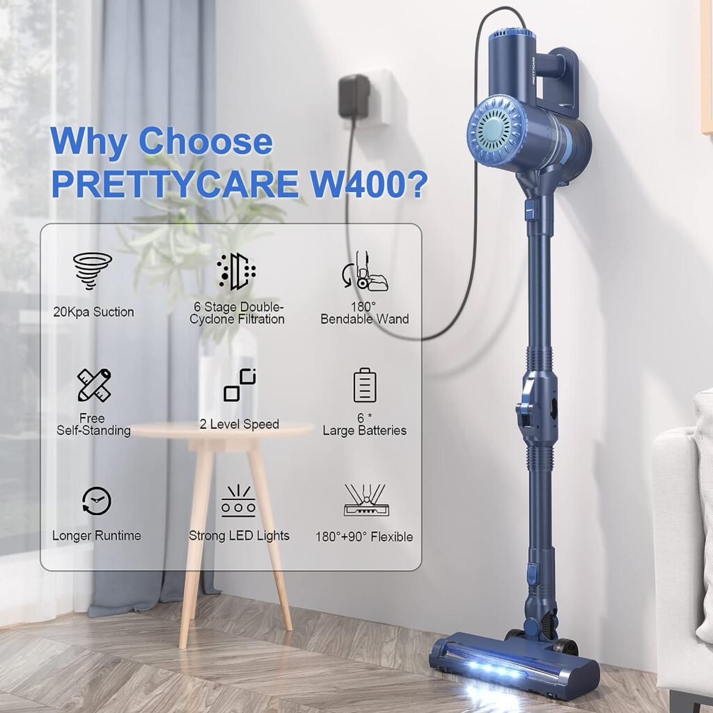 PRETTYCARE Cordless Vacuum Cleaner, 6 in 1 Lightweight Stick Vacuum Self-Standing with Powerful Suction, 180° Bendable Wand Rechargeable Cordless Vacuum for Hardwood Floor Pet Hair