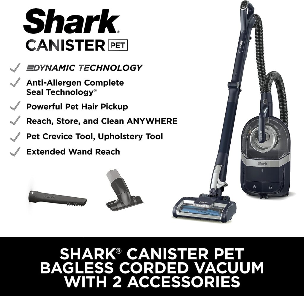 Shark CZ351 Pet Canister Vacuum, Bagless, Corded with Self-Cleaning Brushroll  PowerFins, Navy  Silver