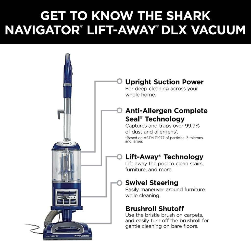 Shark NV360 Navigator Lift-Away Deluxe Upright Vacuum with Large Dust Cup Capacity, HEPA Filter, Swivel Steering, Upholstery Tool Crevice Tool, Blue