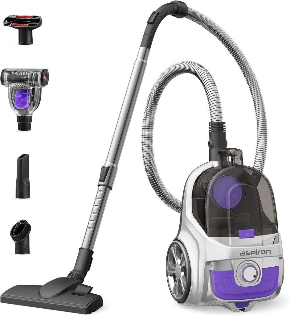 Aspiron Upgraded Canister Vacuum Cleaner, 1200W Bagless Vacuum Cleaner, 3.7Qt Large Capacity, Auto Cord Rewind, Double HEPA Filter, 5 Tools for Hard Floors, Carpet, Pet, Upholstery, Tiles, Car, Silver