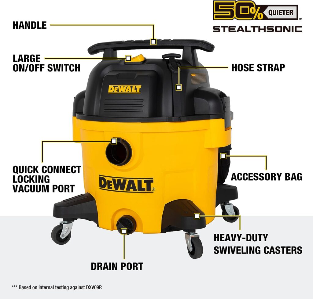 DEWALT 9 Gallon STEALTHSONIC Poly Wet/Dry Vacuum, DXV09P-QTA Newest Noise Reduction Vac, Heavy Duty Shop Vacuum for Jobsite/Workshop, Reduce Motor Noise, Yellow