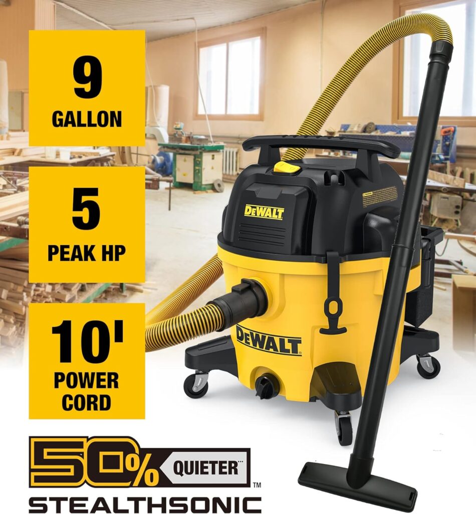 DEWALT 9 Gallon STEALTHSONIC Poly Wet/Dry Vacuum, DXV09P-QTA Newest Noise Reduction Vac, Heavy Duty Shop Vacuum for Jobsite/Workshop, Reduce Motor Noise, Yellow