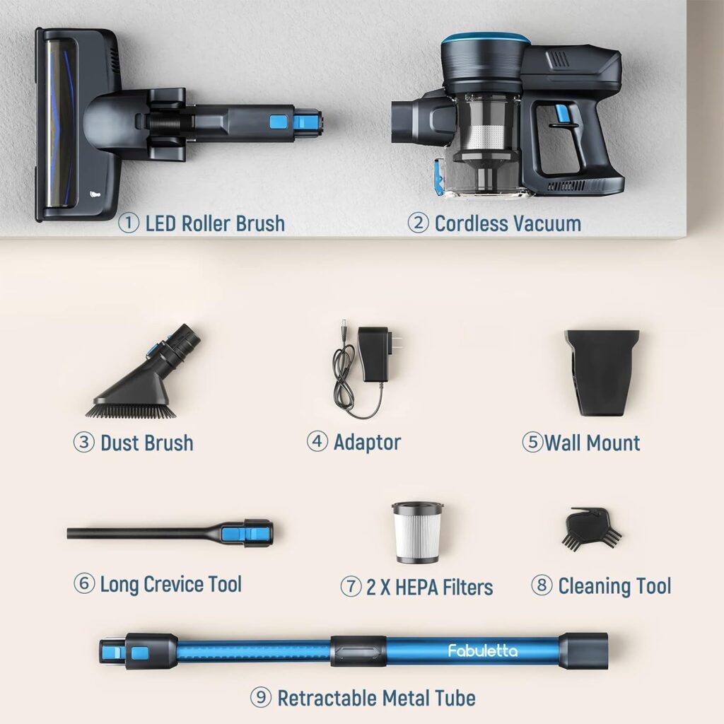 FABULETTA 24 Kpa Cordless Vacuum Cleaner - 6 in 1 Lightweight Stick Vacuum with Powerful Suction 250W Brushless Motor, for Pet Hair Carpet Hard Floor, Max 45 Min Runtime, Led Display, Blue