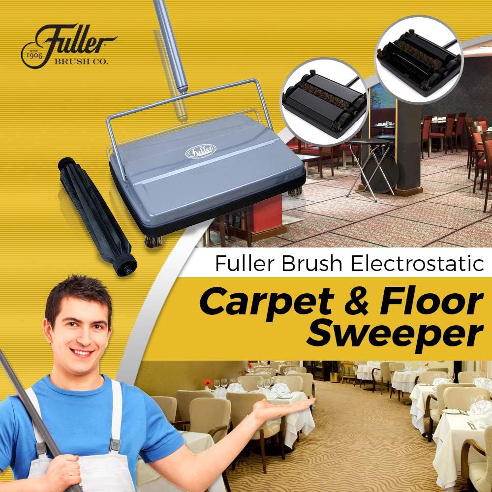 Fuller Brush 17042 Electrostatic Carpet  Floor Sweeper with Additional Rubber Rotor - 9 Cleaning Path - Lightweight - Ideal for Crumby  Wet Messes - Works On Carpets  Hard Floor Surfaces - Gray