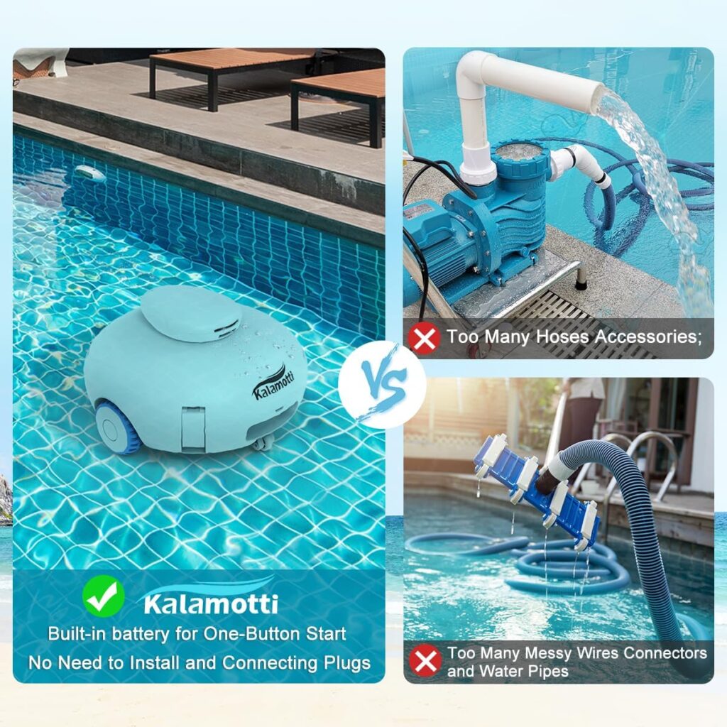 Kalamotti Cordless Robotic Pool Cleaner - Pool Vacuum for Above Ground Pools Powerful Suction Rechargeable Battery, Lasts 140 Mins, Built-in Water Sensor Technology for Pool Surface Up to 630 Sq.Ft