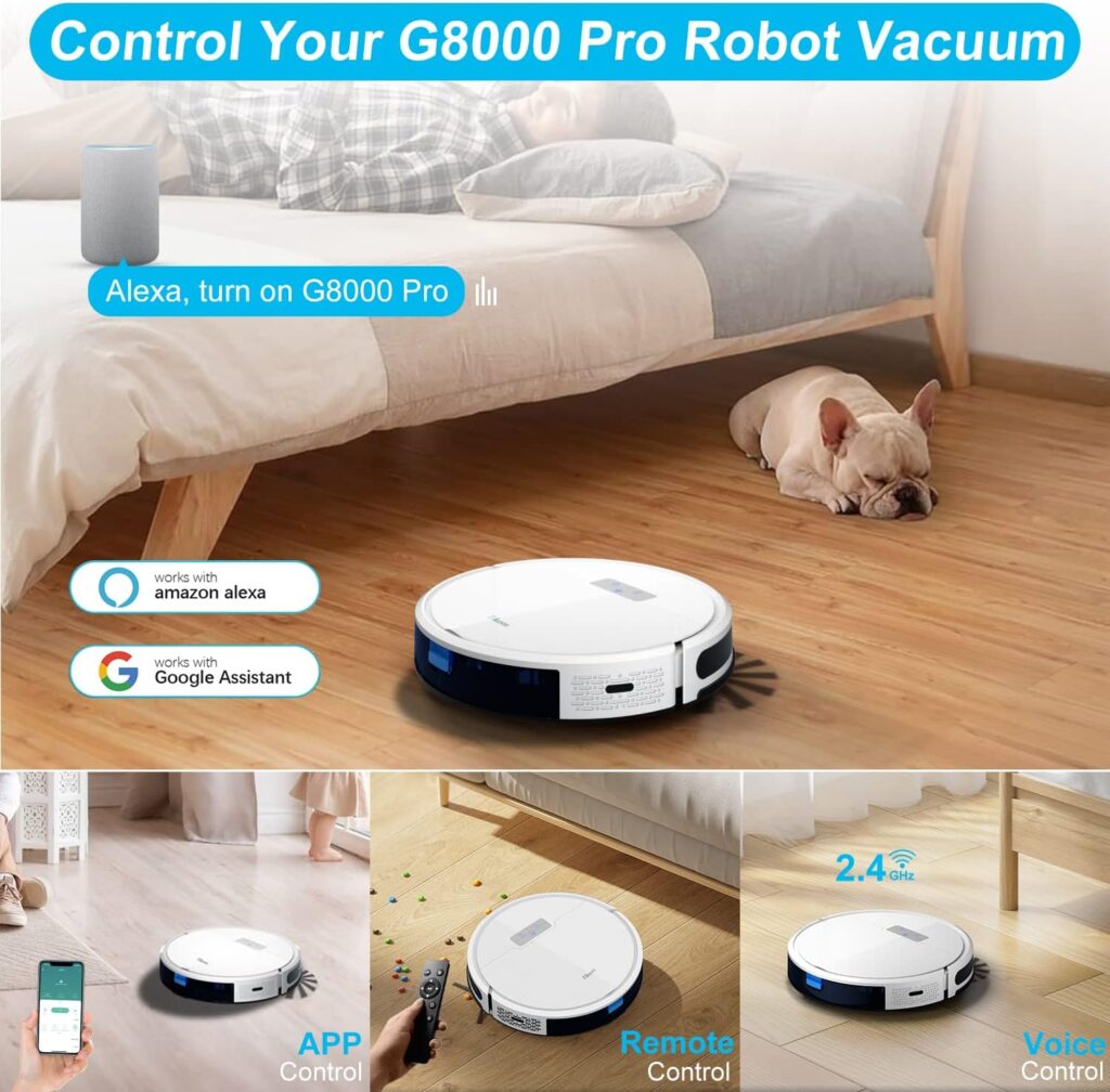 Tikom Robot Vacuum and Mop Combo 2 in 1, 4500Pa Strong Suction, G8000 Pro Robotic Vacuum Cleaner, 150mins Max, Wi-Fi, Self-Charging, Good for Carpet, Hard Floor