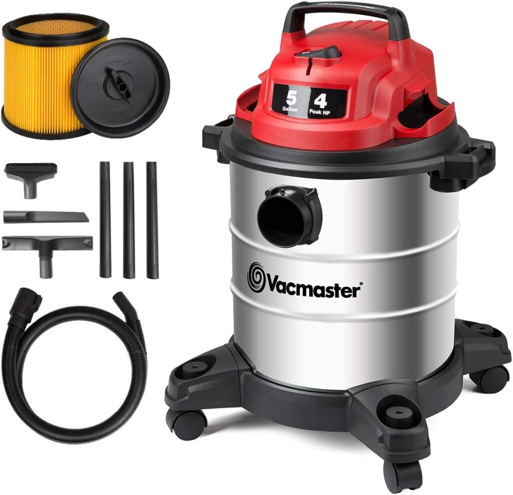 Vacmaster Red Edition VOC508S 1101 Stainless Steel Wet Dry Shop Vacuum 5 Gallon 4 Peak HP 1-1/4 inch Hose Powerful Suction with Blower Function