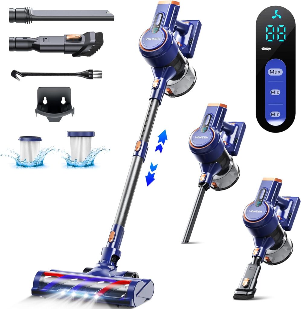 Voweek Cordless Vacuum Cleaner, 6 in 1 Lightweight Stick Vacuum with 3 Power Modes, LED Display, Powerful Vacuum Cleaner Up to 45min Runtime for Hardwood Floor Pet Hair Home Car