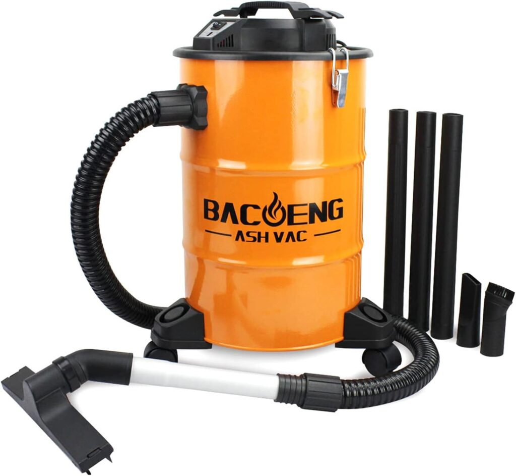 BACOENG 5.3-Gallon Ash Vacuum with Double Stage Filtration System, 10 Amp Ash Vacuum for Pellet Stoves with 1200W Powerful Suction, 5FT Metal Hose and 360° Rotating Wheel