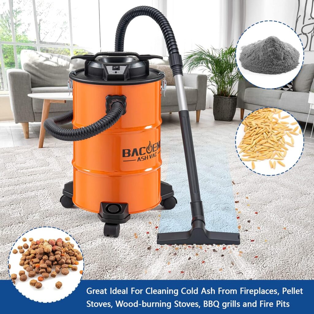 BACOENG 5.3-Gallon Ash Vacuum with Double Stage Filtration System, 10 Amp Ash Vacuum for Pellet Stoves with 1200W Powerful Suction, 5FT Metal Hose and 360° Rotating Wheel