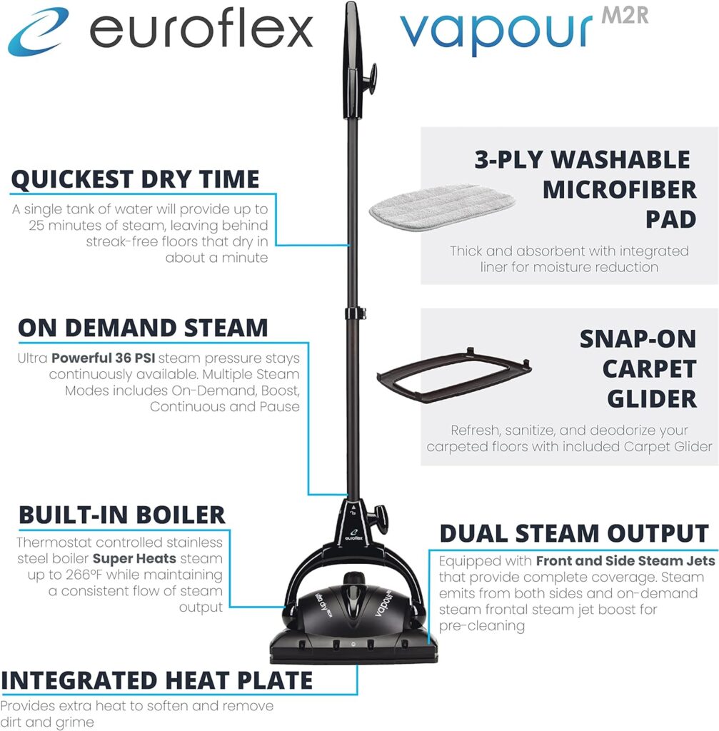 Euroflex Vapour M2R Steam Mop with Ultra Dry Steam™ Technology; Heavy-Duty Steam Cleaning Power at 266°F  36 PSI; Engineered Safe for Sealed Hardwood  High-End Premium Flooring