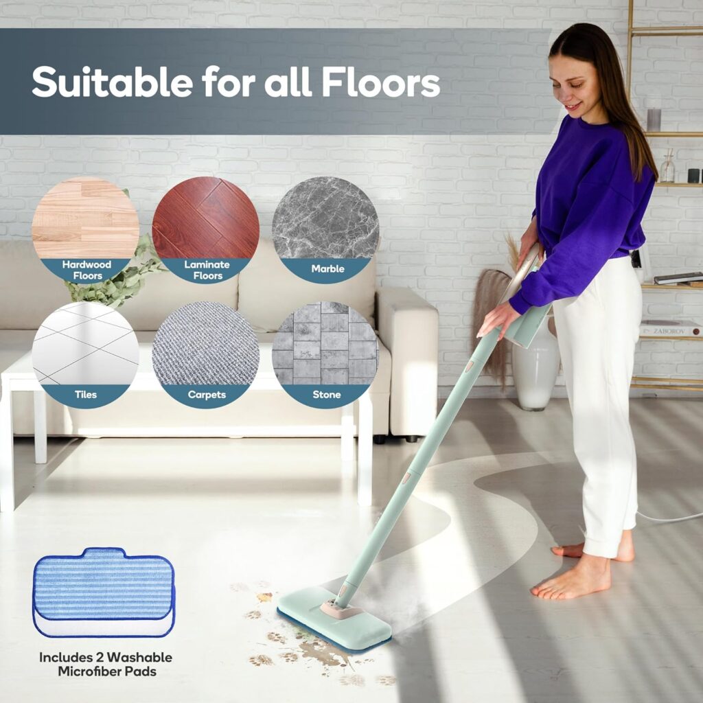 Newbealer Steam Mop  Detachable Handheld Cleaner, 250ml 1200W Powerful Floor Steamer, 3 Adjustable Levels for Carpet Laminate Hardwood Grout, with Carpet Glider, 7 Multi-purpose Accessories  2 Pads