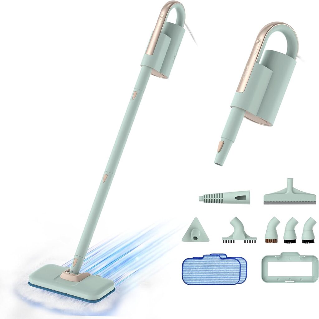 Newbealer Steam Mop  Detachable Handheld Cleaner, 250ml 1200W Powerful Floor Steamer, 3 Adjustable Levels for Carpet Laminate Hardwood Grout, with Carpet Glider, 7 Multi-purpose Accessories  2 Pads