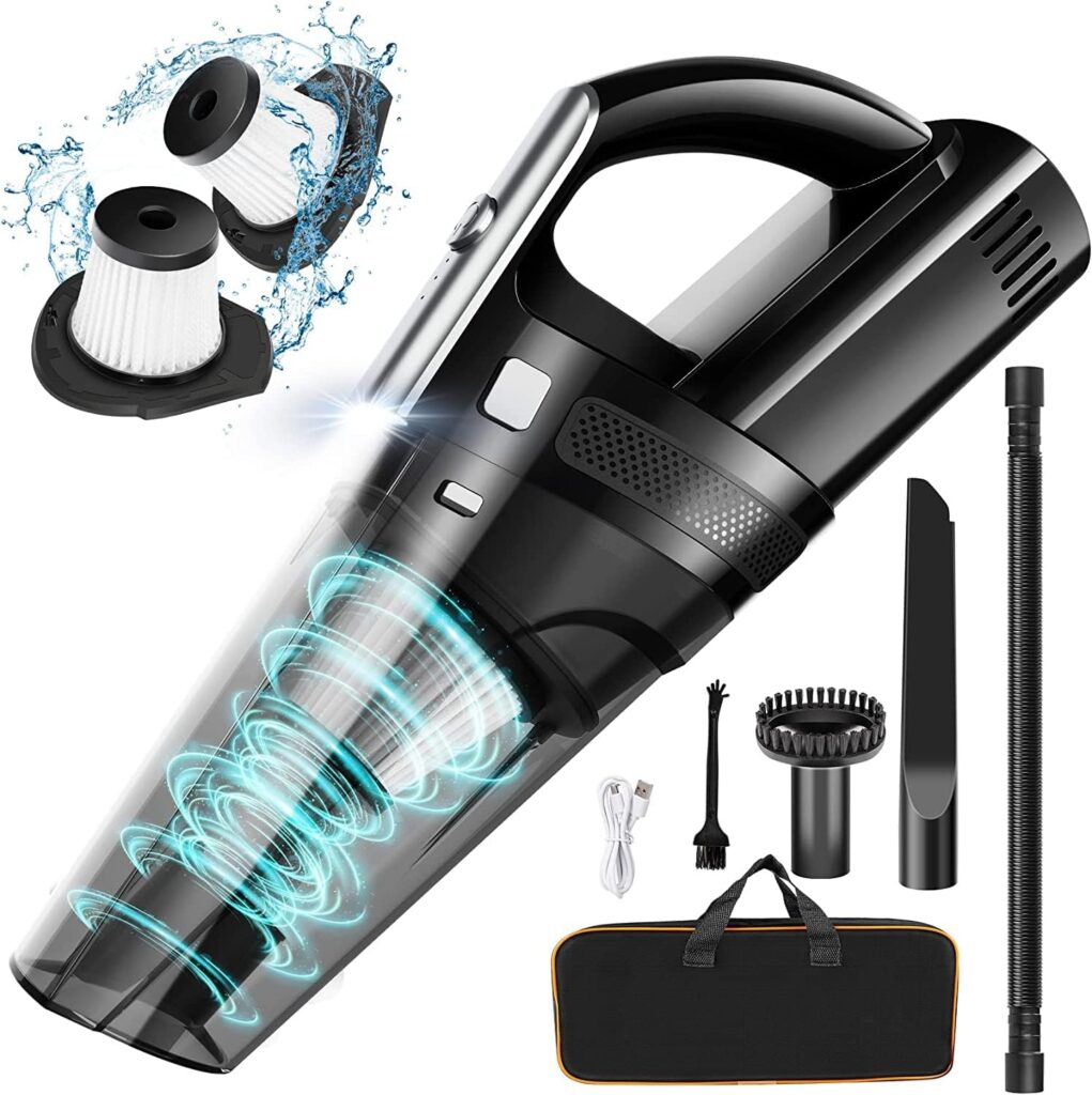 SAKOLD Handheld Vacuum Mini Portable Rechargeable Car Vacuum Cleaner Cordless with 8000PA Powerful Suction for Car Home and Office, with 2 Replacement Washable Filter, Bags, Corrugated Hose, Brush