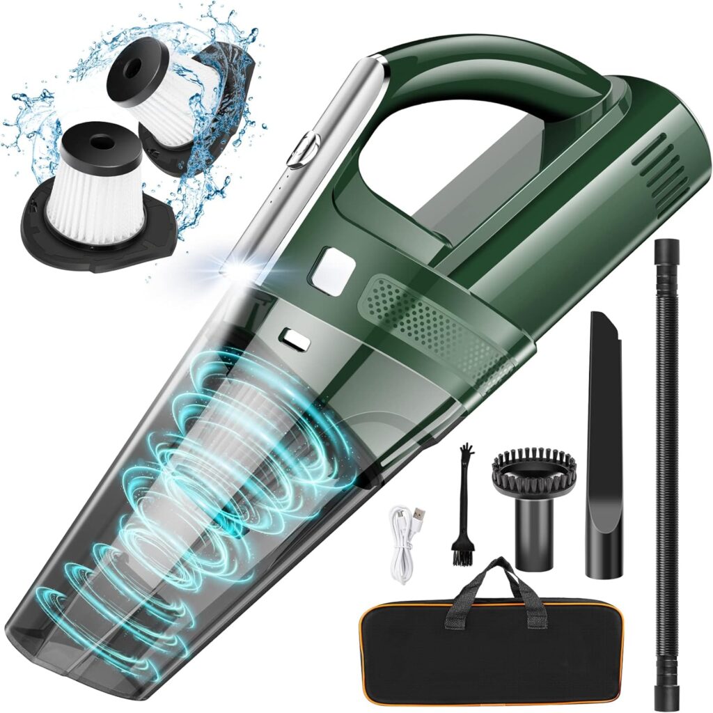 SAKOLD Handheld Vacuum Mini Portable Rechargeable Car Vacuum Cleaner Cordless with 8000PA Powerful Suction for Car Home and Office, with 2 Replacement Washable Filter, Bags, Corrugated Hose, Brush