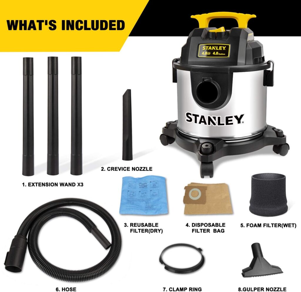 STANLEY 4 Gallon Wet Dry Vacuum, 4 Peak HP Stainless Steel 3 in 1 Shop Vacuum Blower with Powerful Suction, Vacuum for Job Site, Garage, Basement, Workshop, Top Handle, Portable Wet Dry Vac SL18301-4B