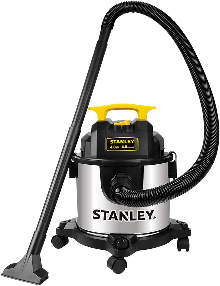 STANLEY 4 Gallon Wet Dry Vacuum, 4 Peak HP Stainless Steel 3 in 1 Shop Vacuum Blower with Powerful Suction, Vacuum for Job Site, Garage, Basement, Workshop, Top Handle, Portable Wet Dry Vac SL18301-4B