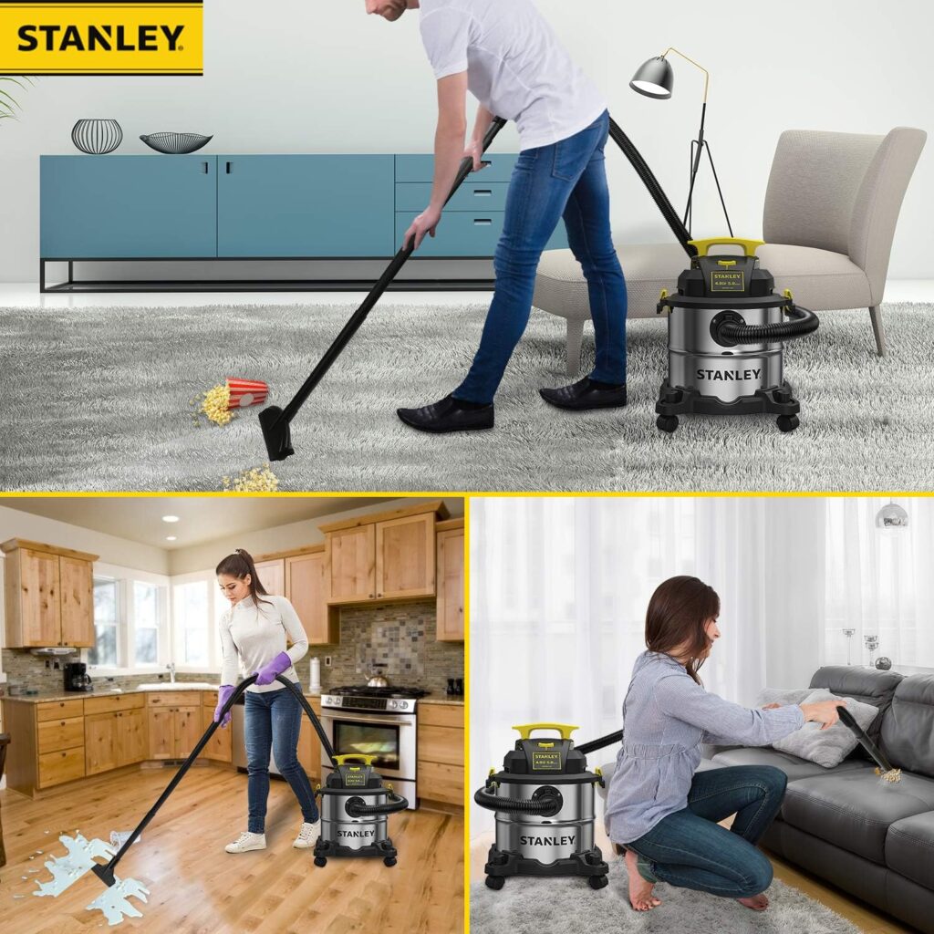 STANLEY SL18115 Wet/Dry Vacuum, 4 Horsepower, Stainless Steel Tank, 5 Gallon, 4.0 HP, 50 Sealed Pressure, Silver+Yellow