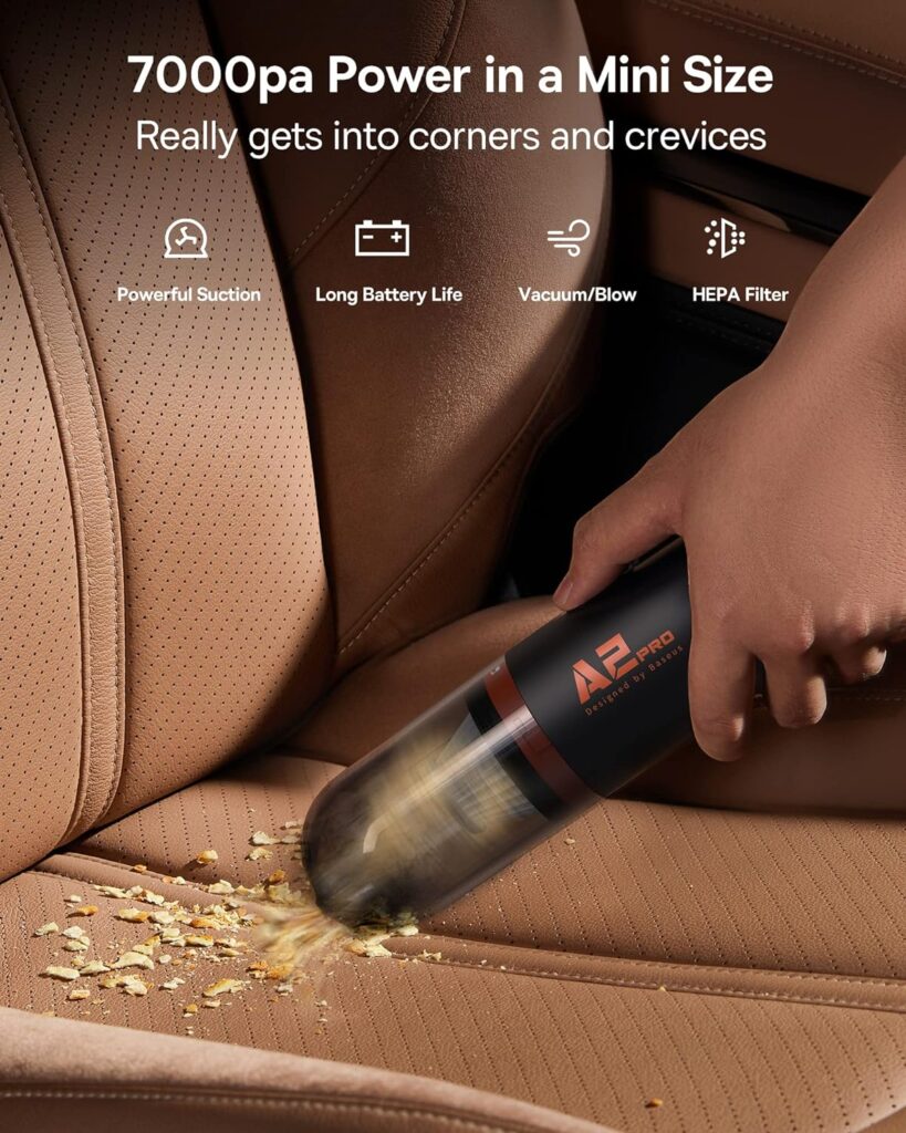 Baseus Handheld Vacuum Cleaner, Car Vacuum Cordless Rechargeable with Ultra Low Noise and 3H Type-C Fast Charging, Mini Portable Hand Held Vacuum Small Vac for Dog Hair,Keyboard,Car A2 Pro