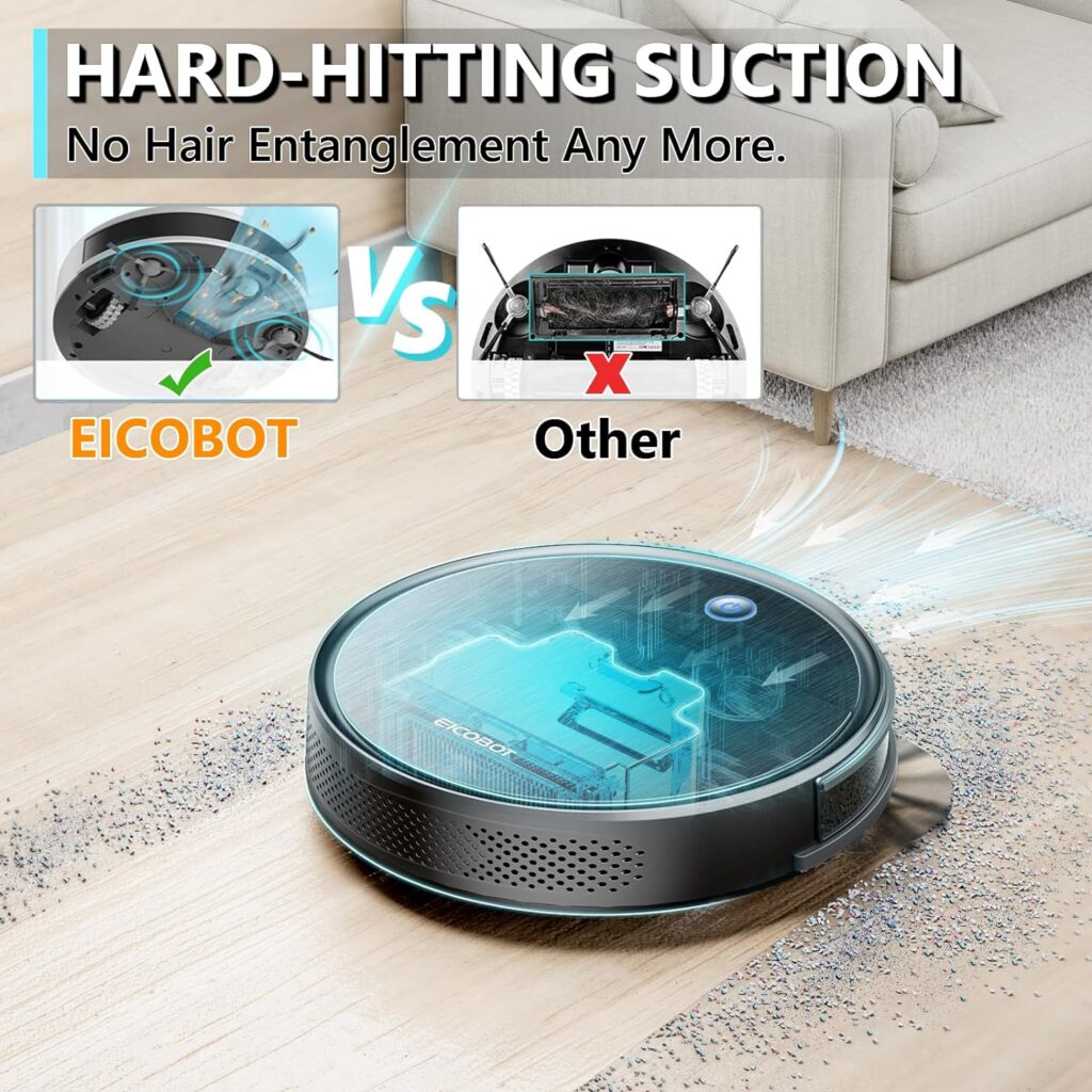 EICOBOT Robot Vacuum Cleaner, 2300Pa Strong Suction Power, Tangle-Free, Slim, Quiet, 120 Mins Runtime, Auto Self-Charging Robotic Vacuum Cleaner Ideal for Low Carpet, Pet Hair, Hard Floors, Gray