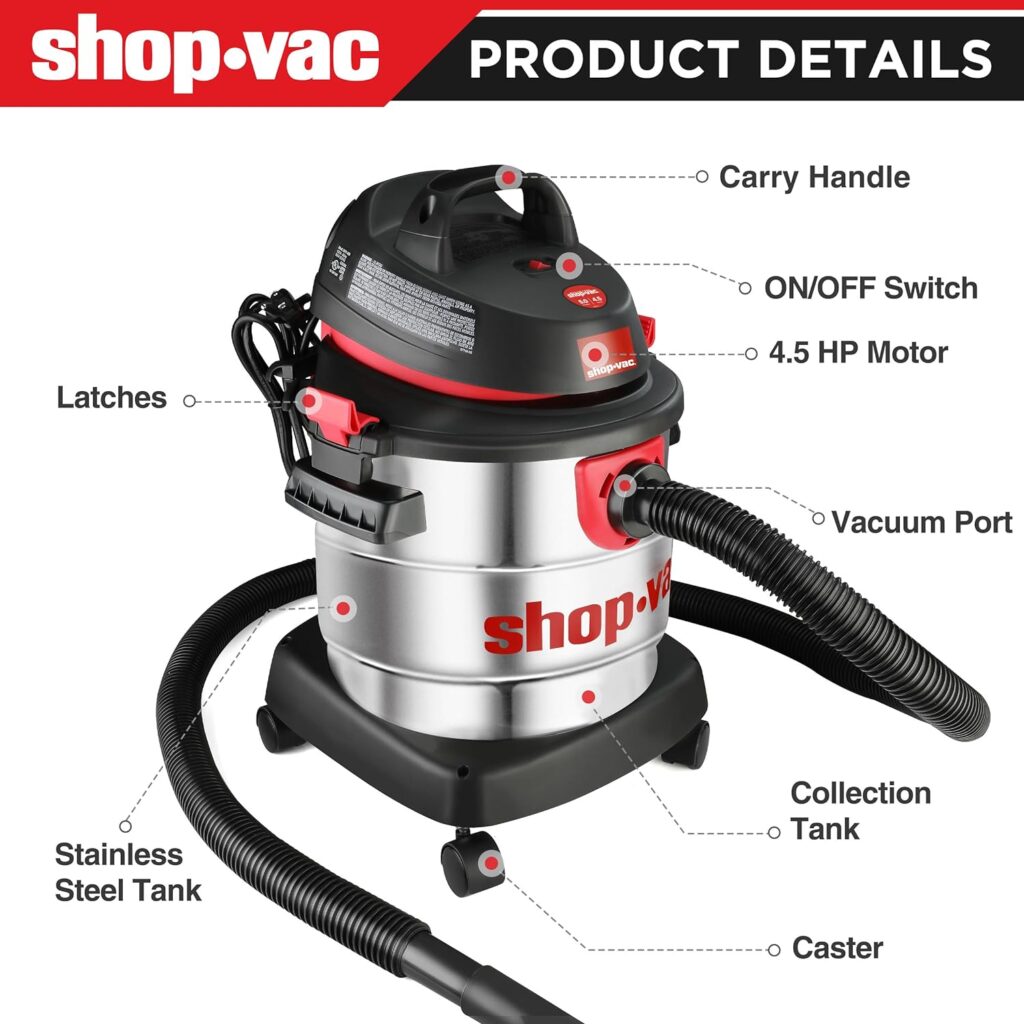 Shop-Vac 5 Gallon 4.5 Peak HP Wet/Dry Vacuum, Stainless Steel Tank, Portable Shop Vacuum with Attachments for Jobsite, Garage  Workshop. 5989300