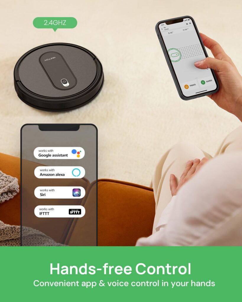 Vactidy Robot Vacuum with 2000Pa Suction Power, 2.4GHz WiFi/App/Alexa/Siri Control, Self-Charging Robotic Vacuum Cleaner for Low Carpet, Pet Hair, Hard Floors