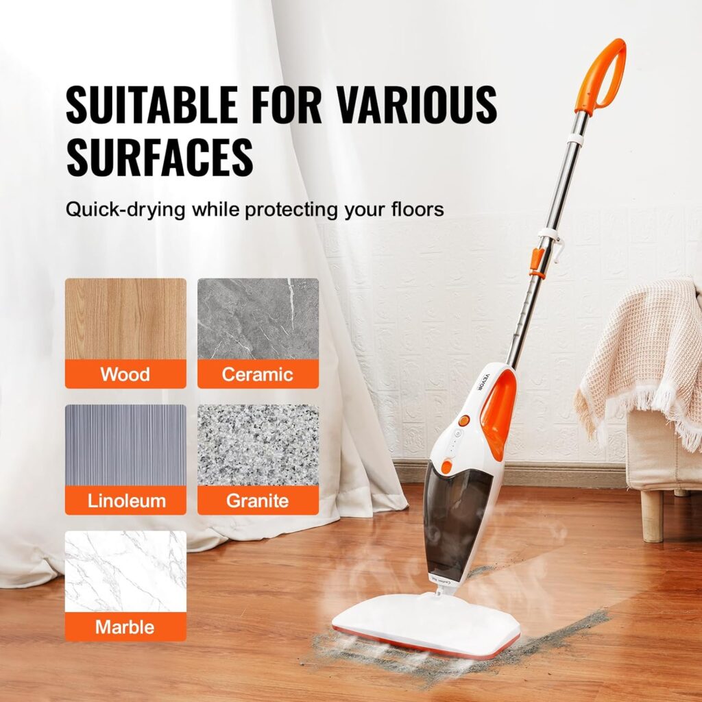 VEVOR Steam Mop, 2-in-1 Floor Steamer, Steam Mop for Hardwood Floors, Floor Steam Cleaner for Ceramic, Granite, Marble, Linoleum, Natural Floor Mop with 2 pcs Machine Washable Pads and A Water Tank