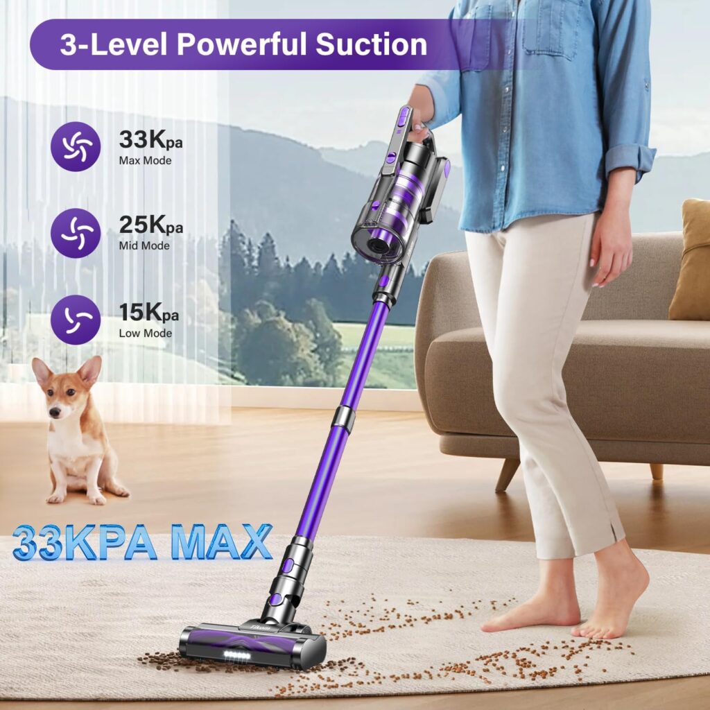 Tikom Cordless Vacuum Cleaners for Home V700, Stick Vacuum Cleaner with 450W 33Kpa Strong Suction, 40Mins Max, 1.3L Dust Cup, Good for Carpet, Pet Hair, Hard Floor, Bright Purple